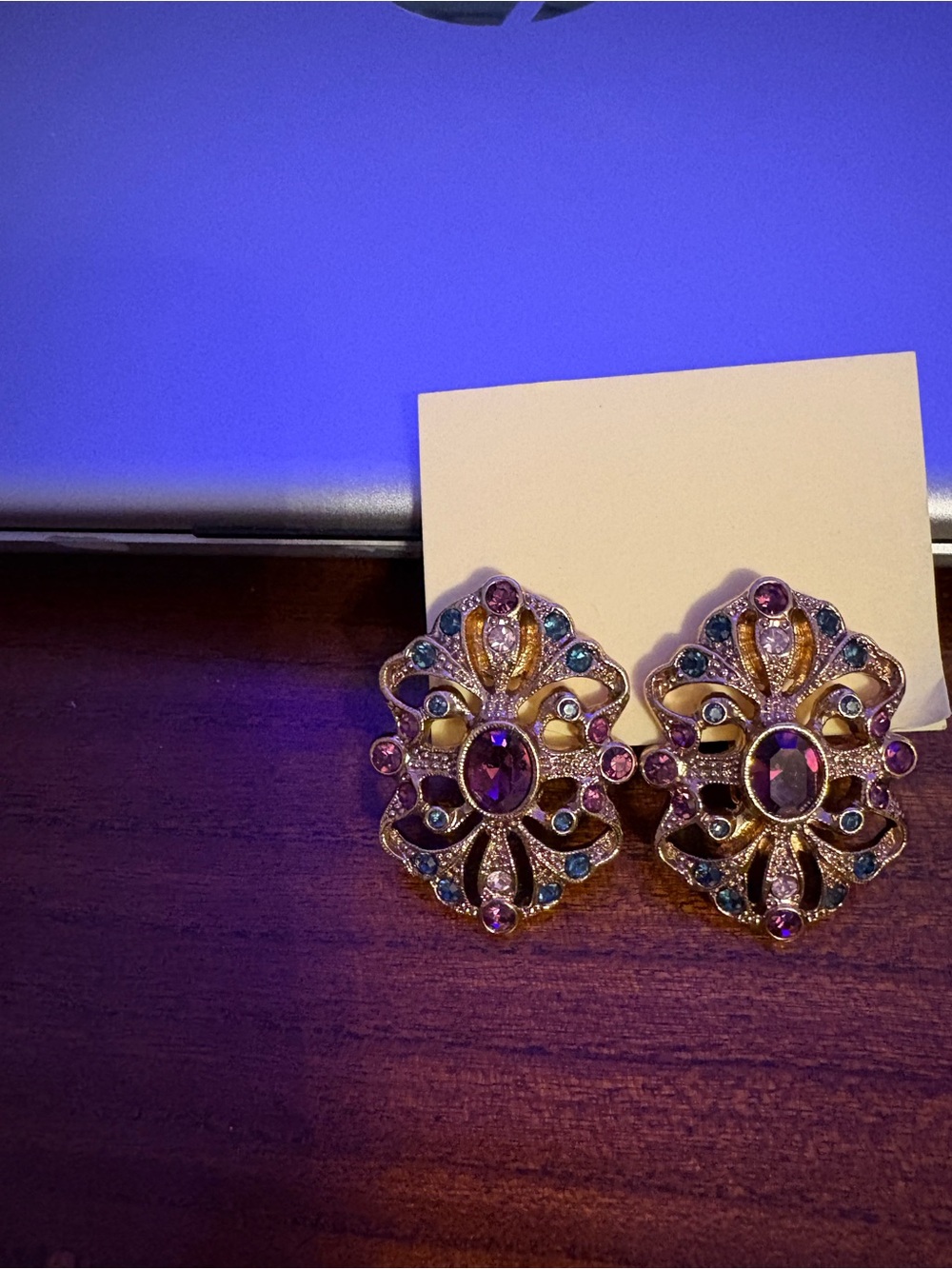 Gold-Tone Filigree Clip-On Earrings with Purple and Blue Stones